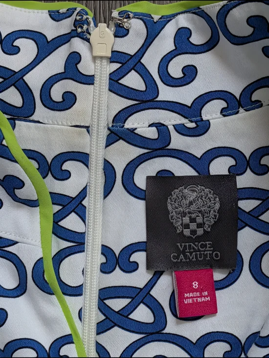 Vince Camuto Dress Womens Size 8 Blue White Print Sleeveless Shift Neon Trim - Picture 4 of 6